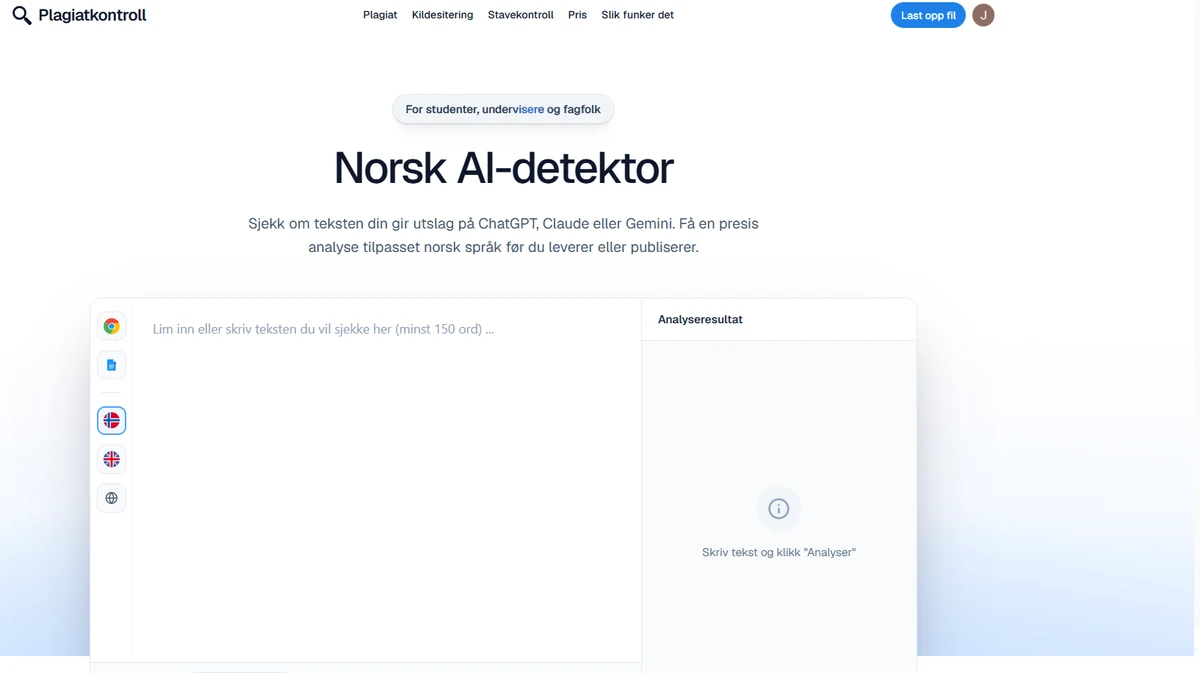 Skjermbilete av ein norsk AI-detektor for tekst
